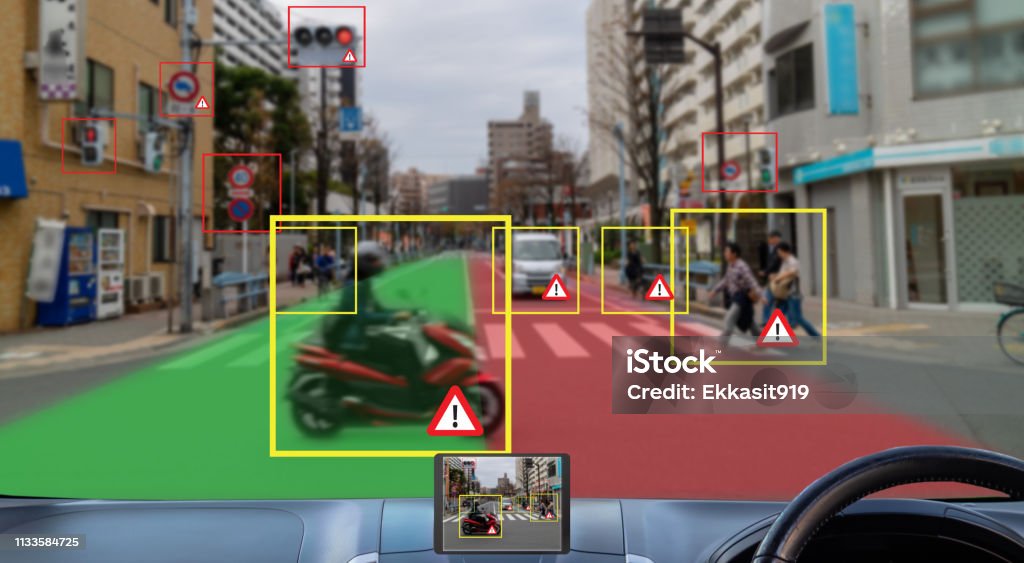 An AI interface overlayed on a traffic scene, detecting vehicles and potential hazards.