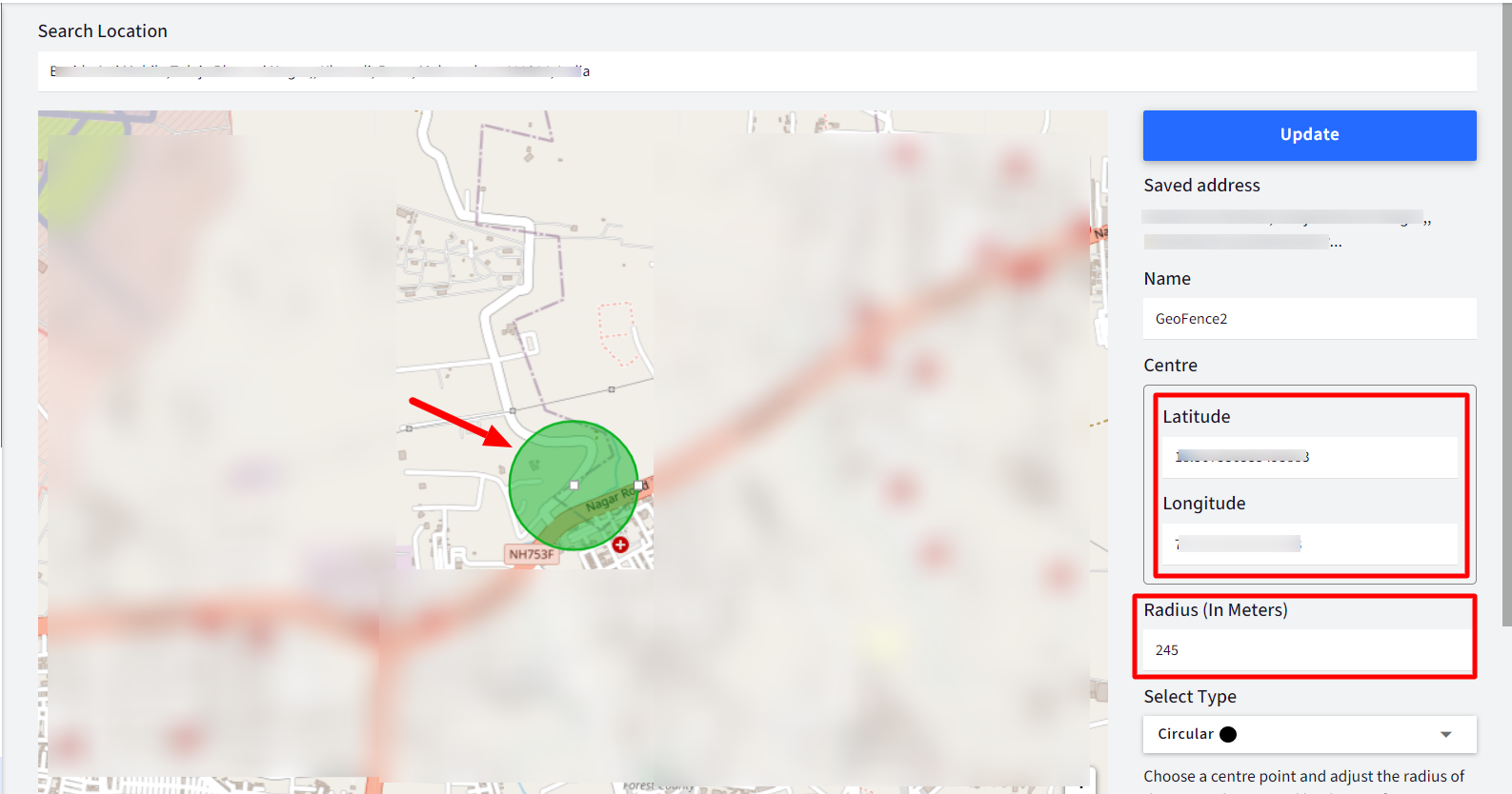A digital map on a tablet with a highlighted geofence area around a construction zone.
