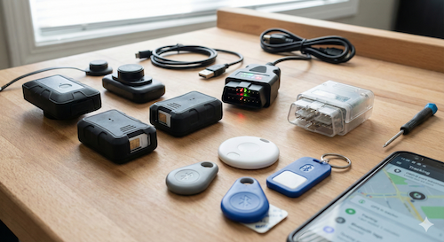 A collection of various IoT tracking devices like GPS trackers, OBD readers, and Bluetooth tags.