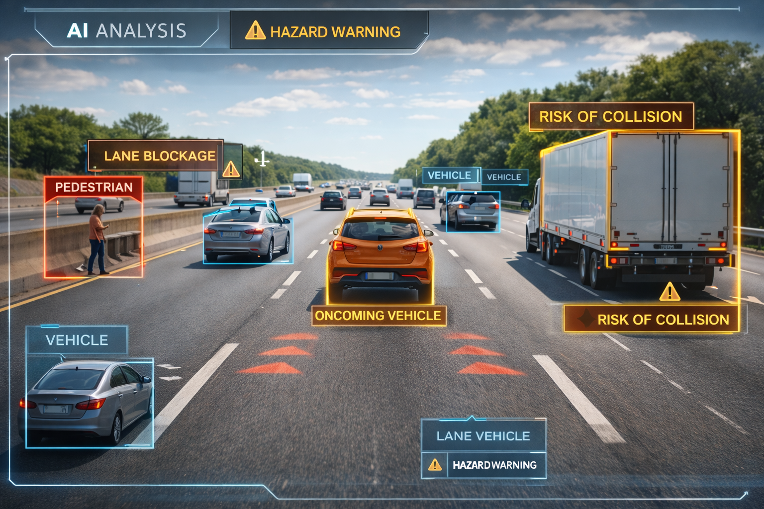 An AI interface overlayed on a traffic scene, detecting vehicles and potential hazards.
