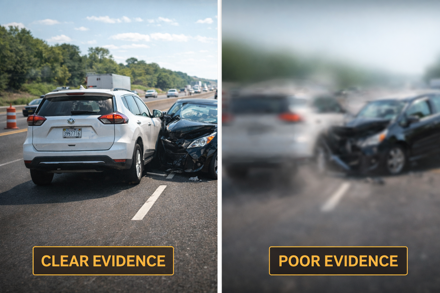 A split screen showing a clear video clip next to a blurred, confusing one, illustrating the value of good evidence.