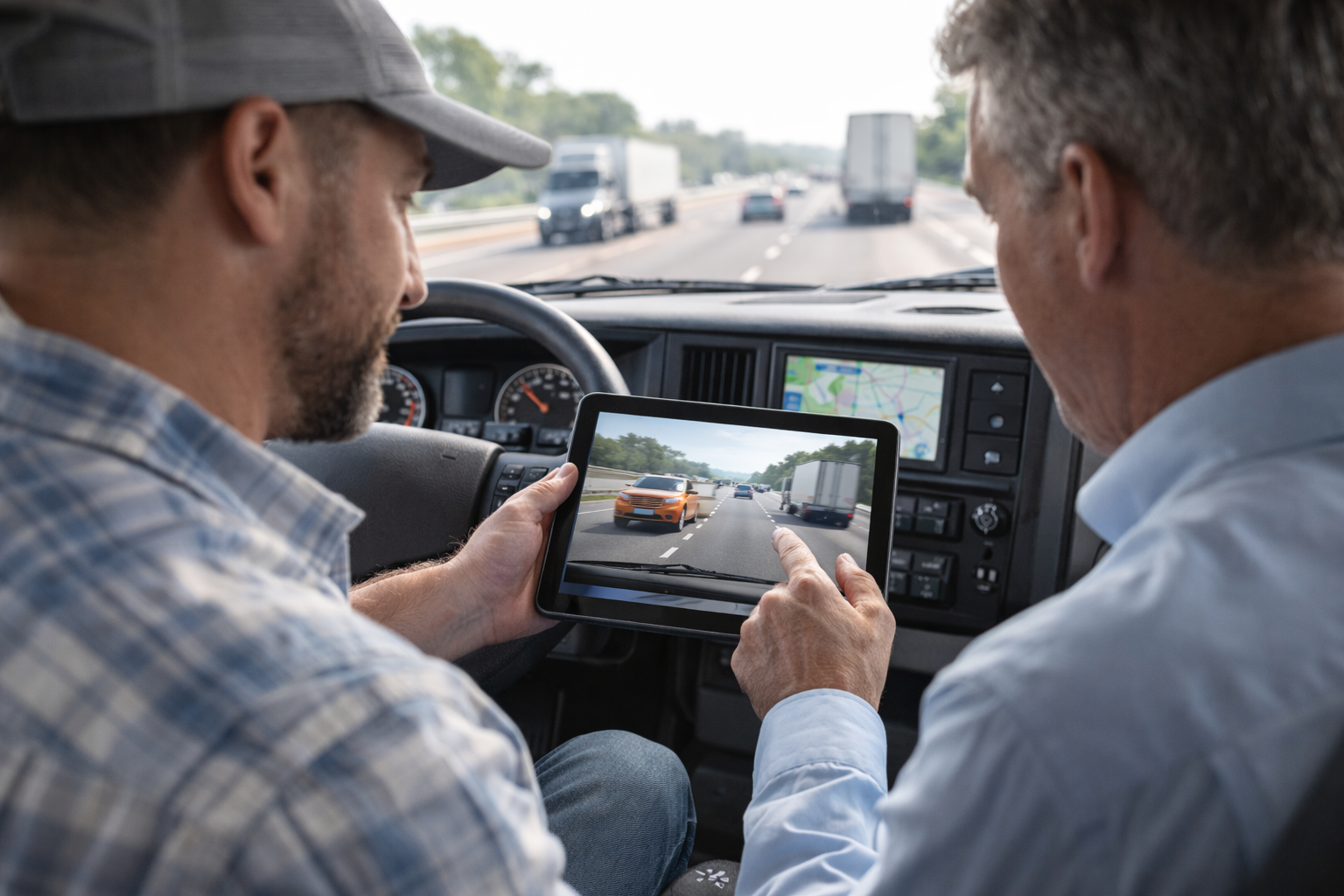 A manager reviewing footage on a tablet with a driver in a truck cab.