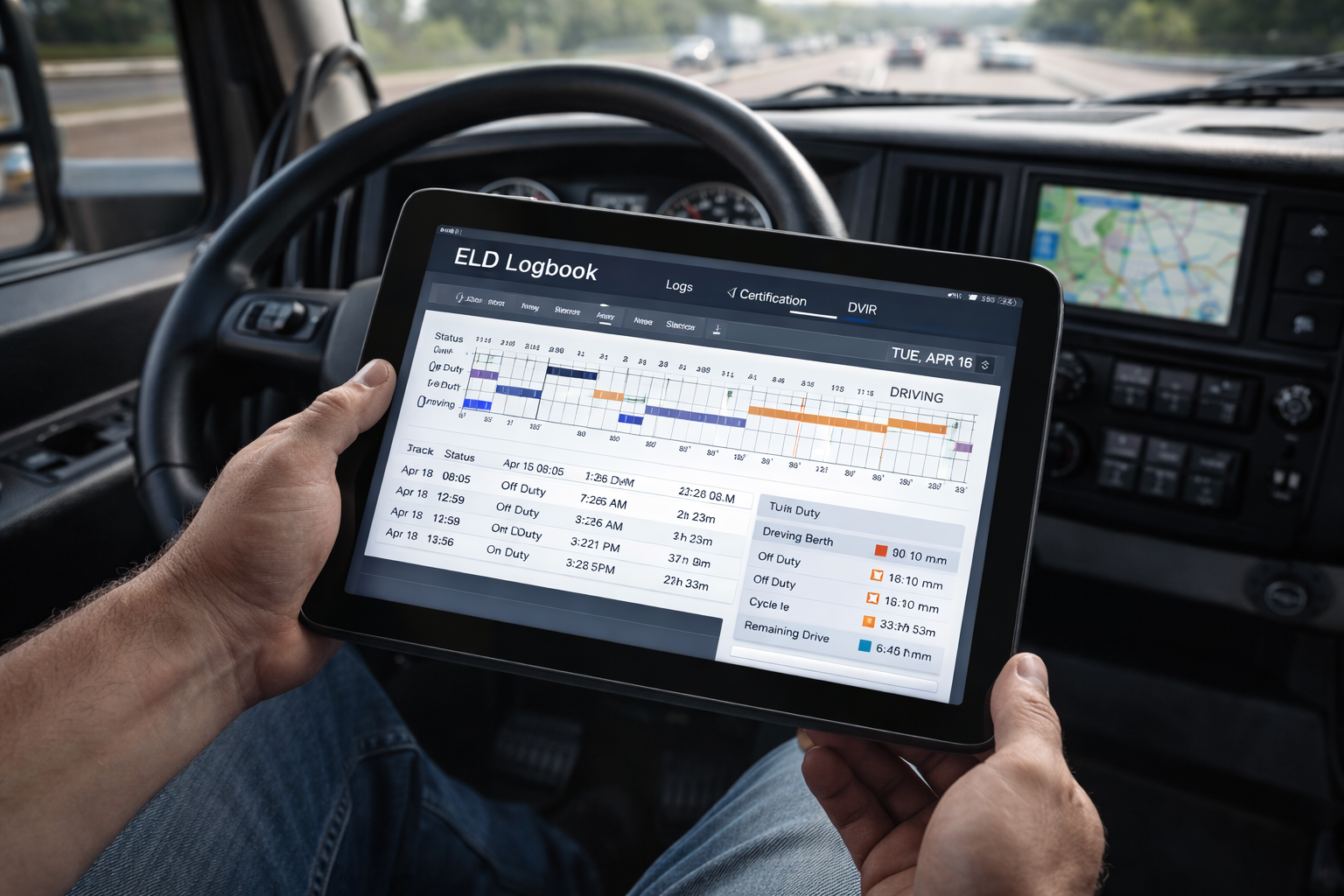 A truck driver using a tablet in their cab, displaying an ELD logbook interface.