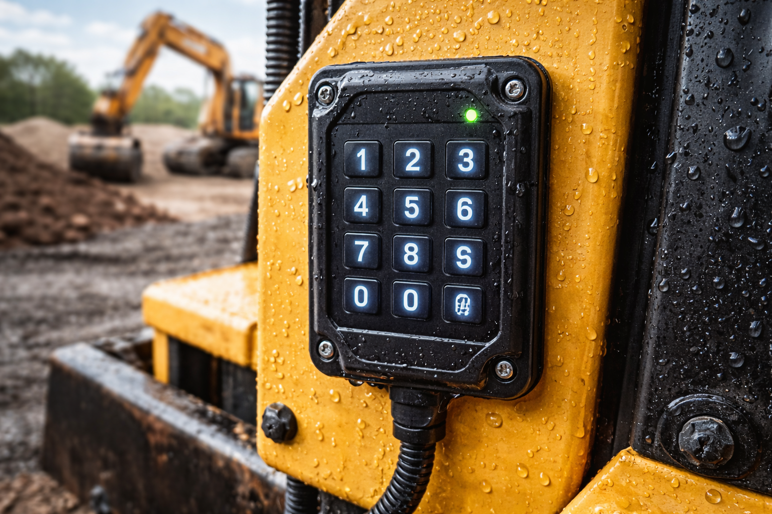 A rugged, weatherproof digital keypad mounted on the side of a piece of heavy equipment.