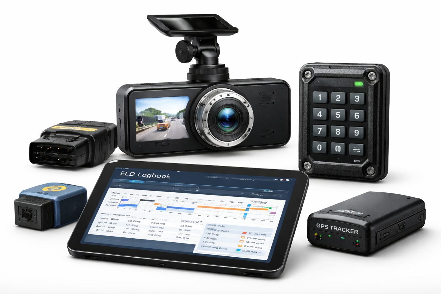 A collection of different telematics hardware devices on a clean background.