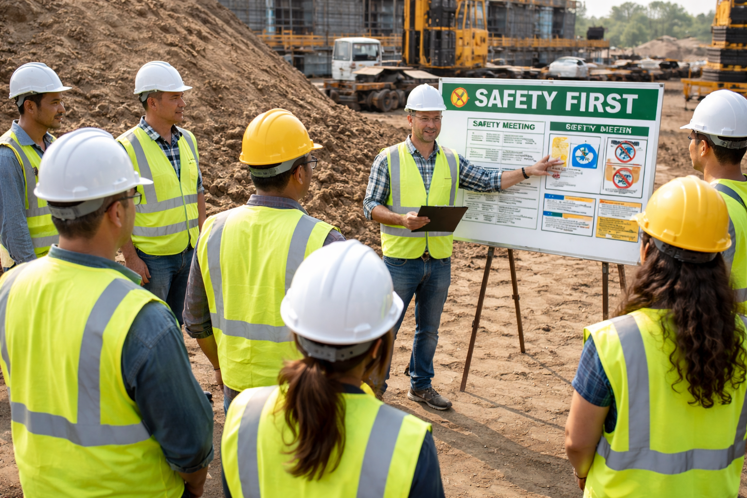 Construction workers in a safety meeting on a jobsite.