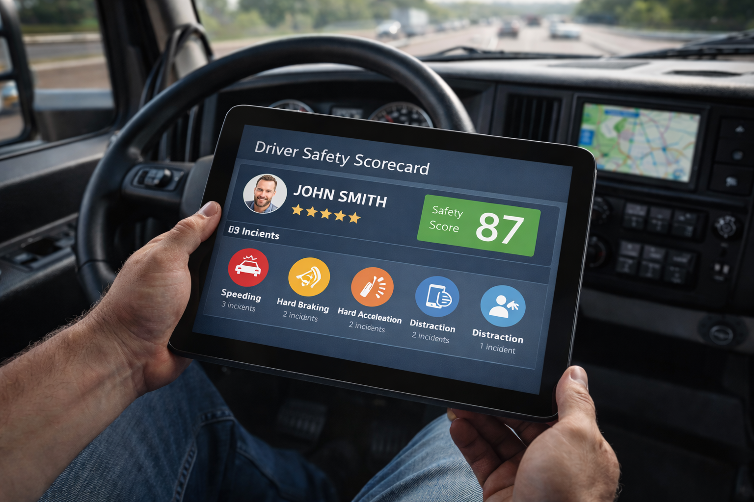 A tablet screen displaying a driver's safety scorecard with metrics and ratings.