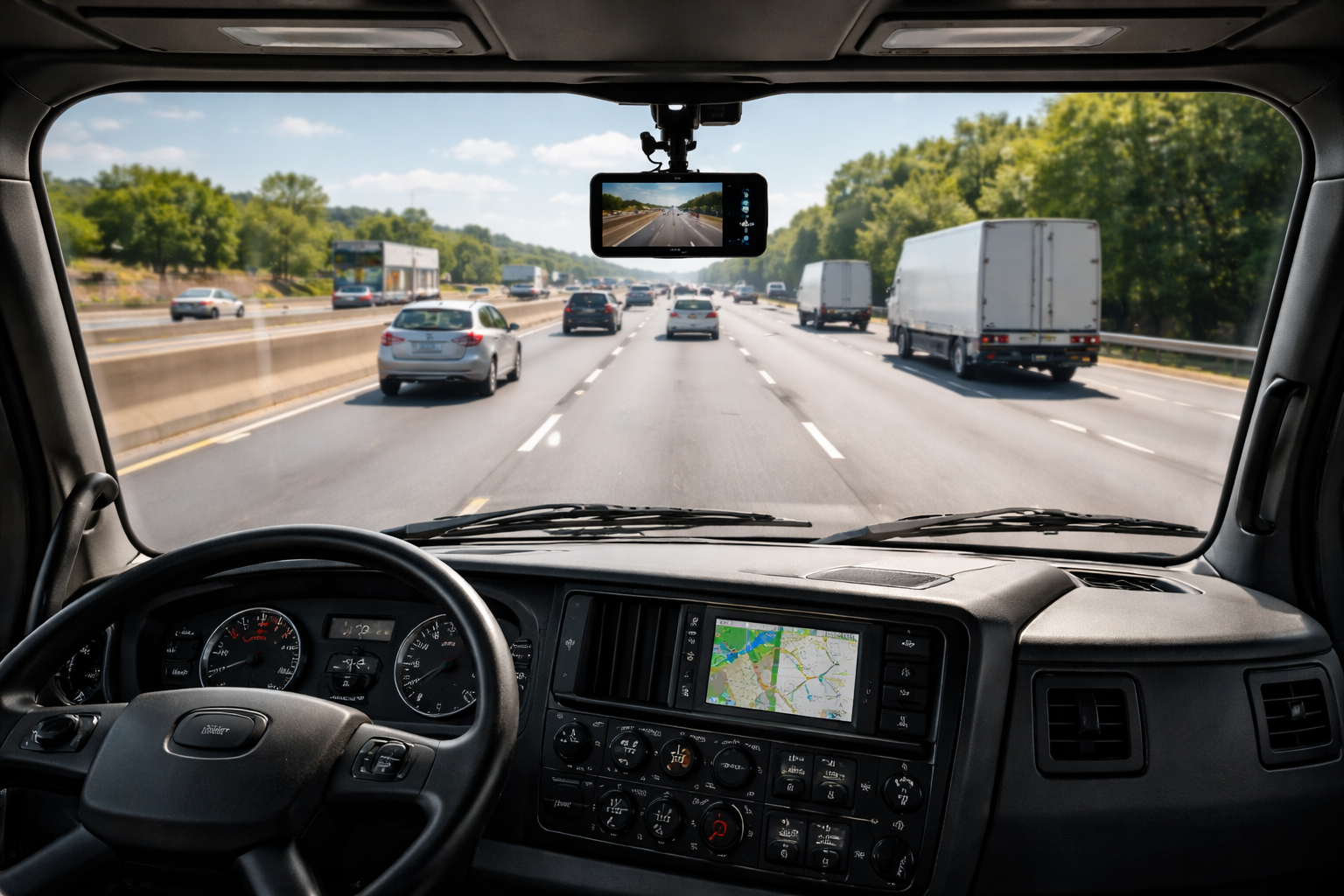 View from inside a truck cab looking out the windshield, with a dashcam visible.