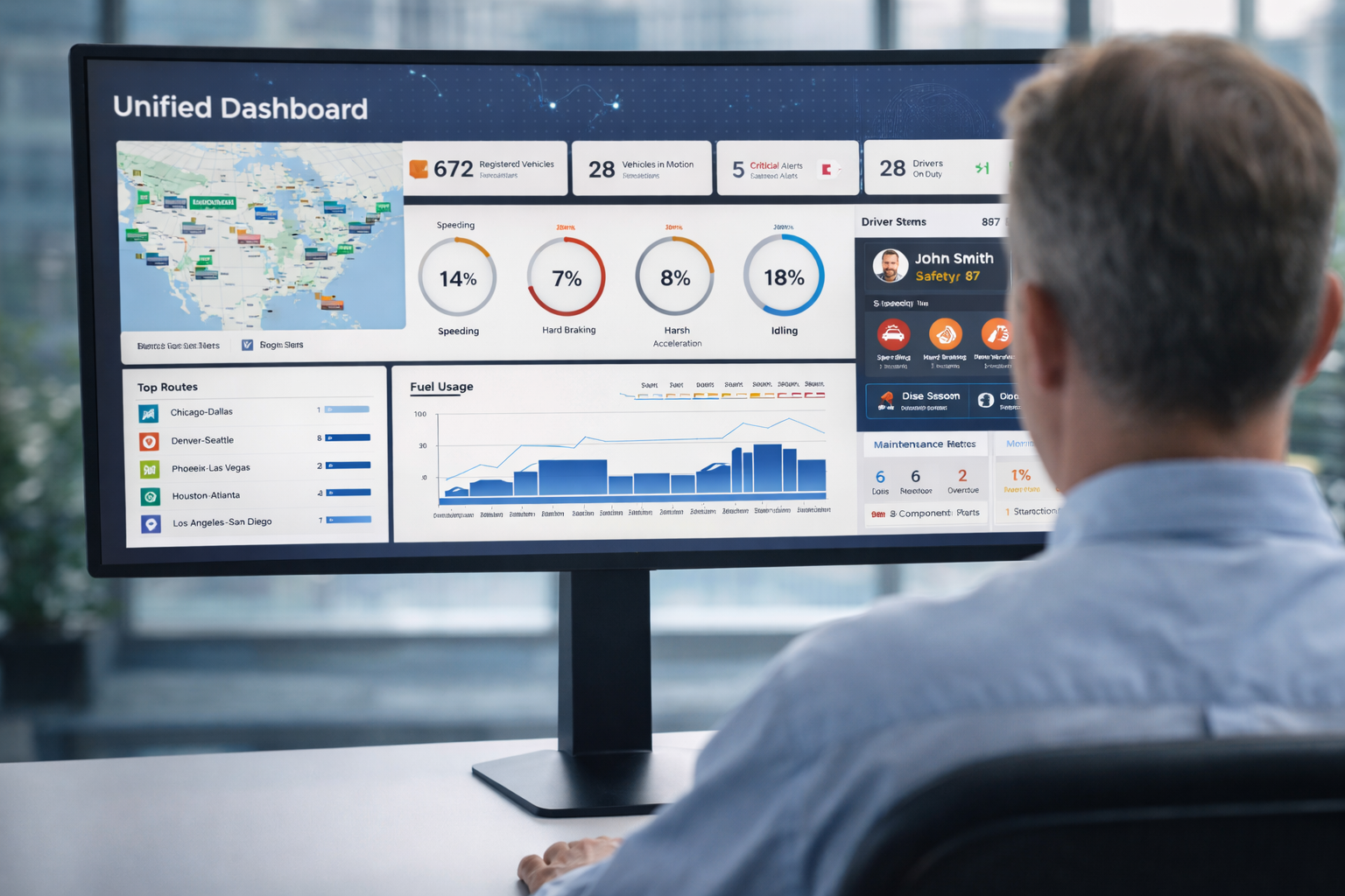 A person looking at a large screen that displays a unified dashboard with data from multiple sources.